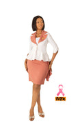 Corsage beige & Jupe crayon rose saumon & Basque doré