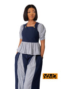 Ensemble bleue assortie de tissu raillé blanc et poids Baoulé